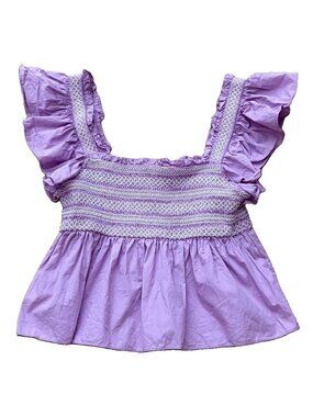 TCEC Women’s Large Lilac Stretch Smock Cotton Flutter Sleeve Crop Top
